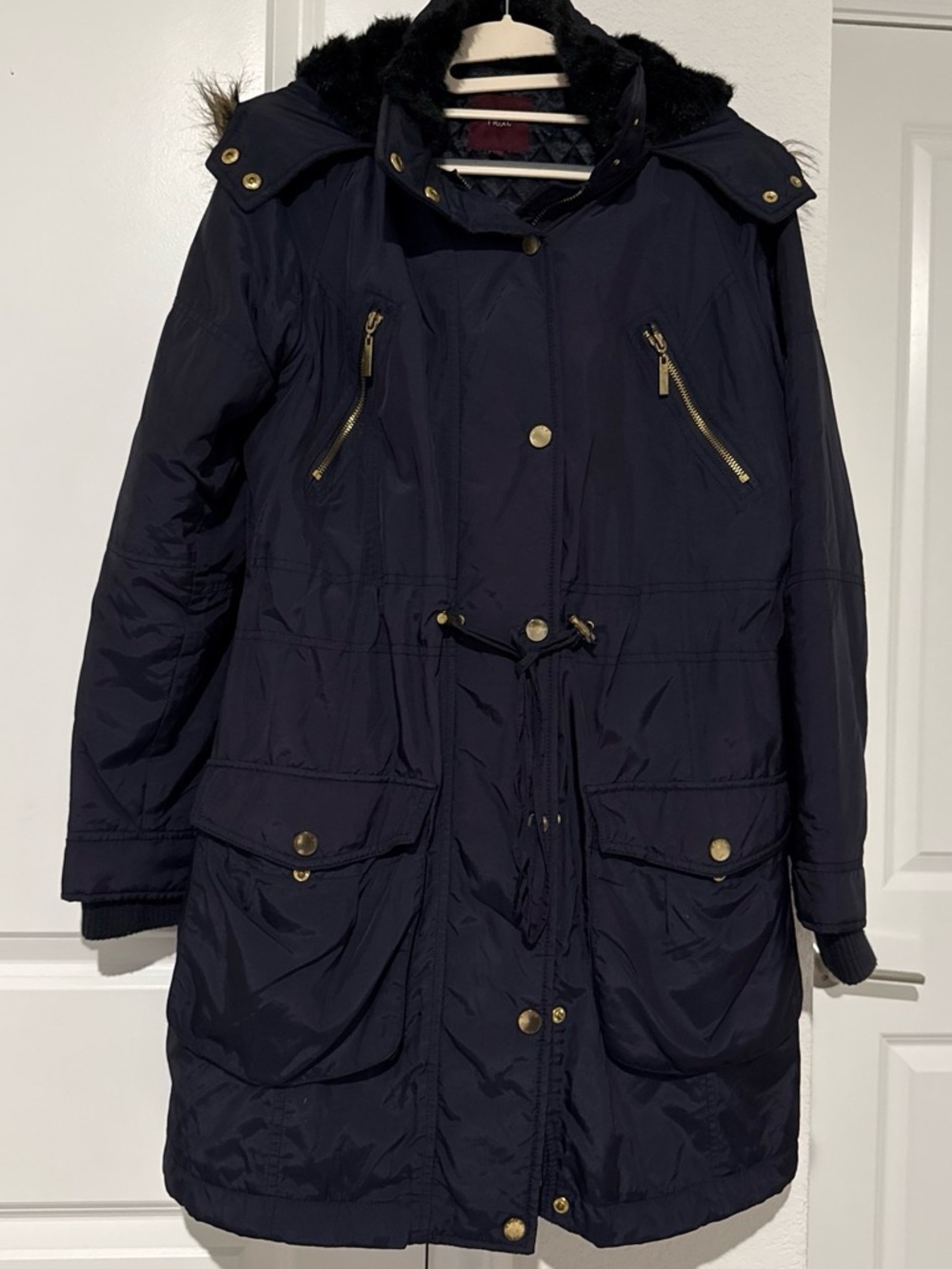 next Navy Long Puffer Parka with Faux Fur Hood